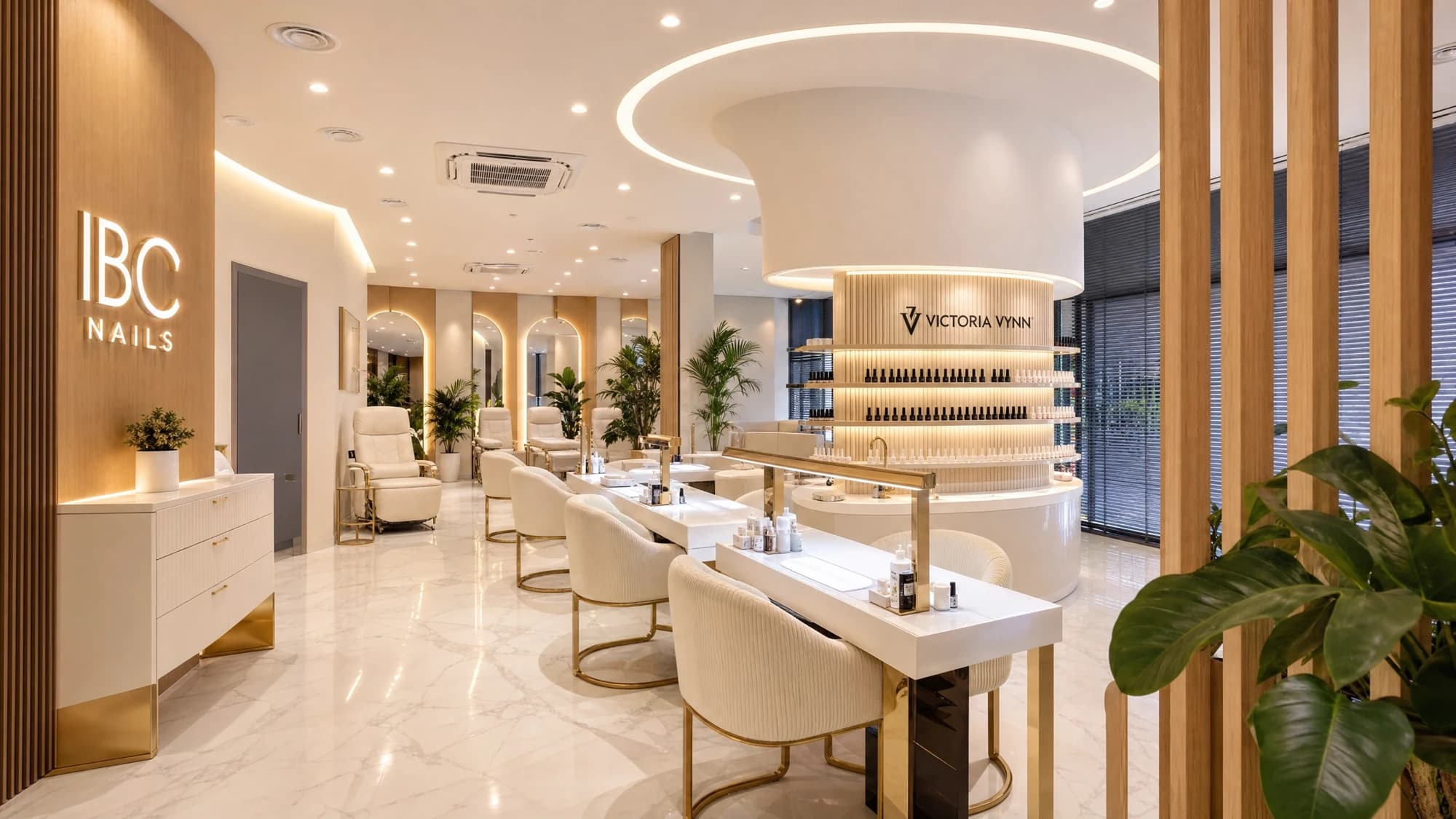 IBC Nails salon interior with manicure stations and branded product display
