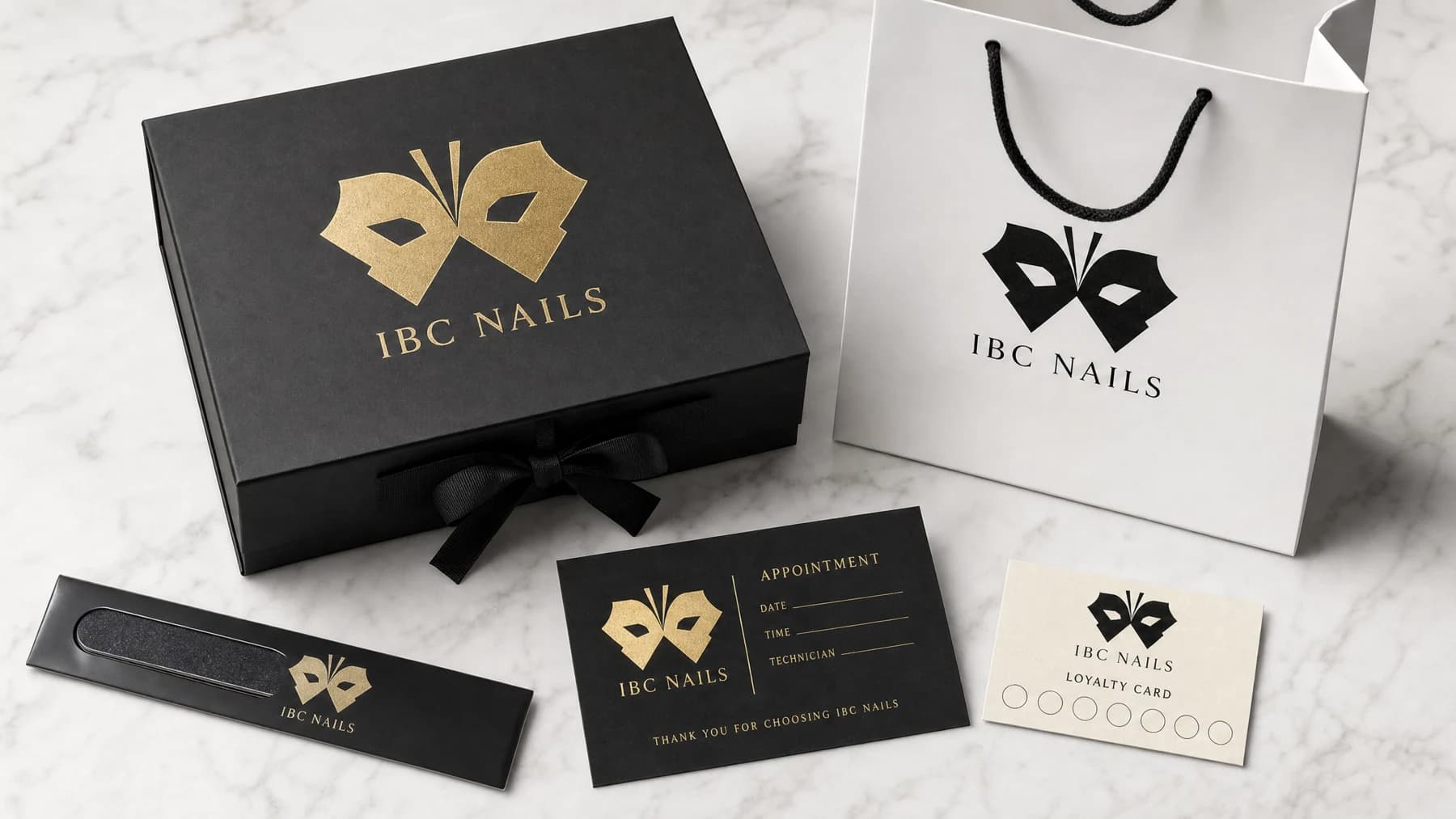 IBC Nails branded packaging, gift box, shopping bag, and appointment materials